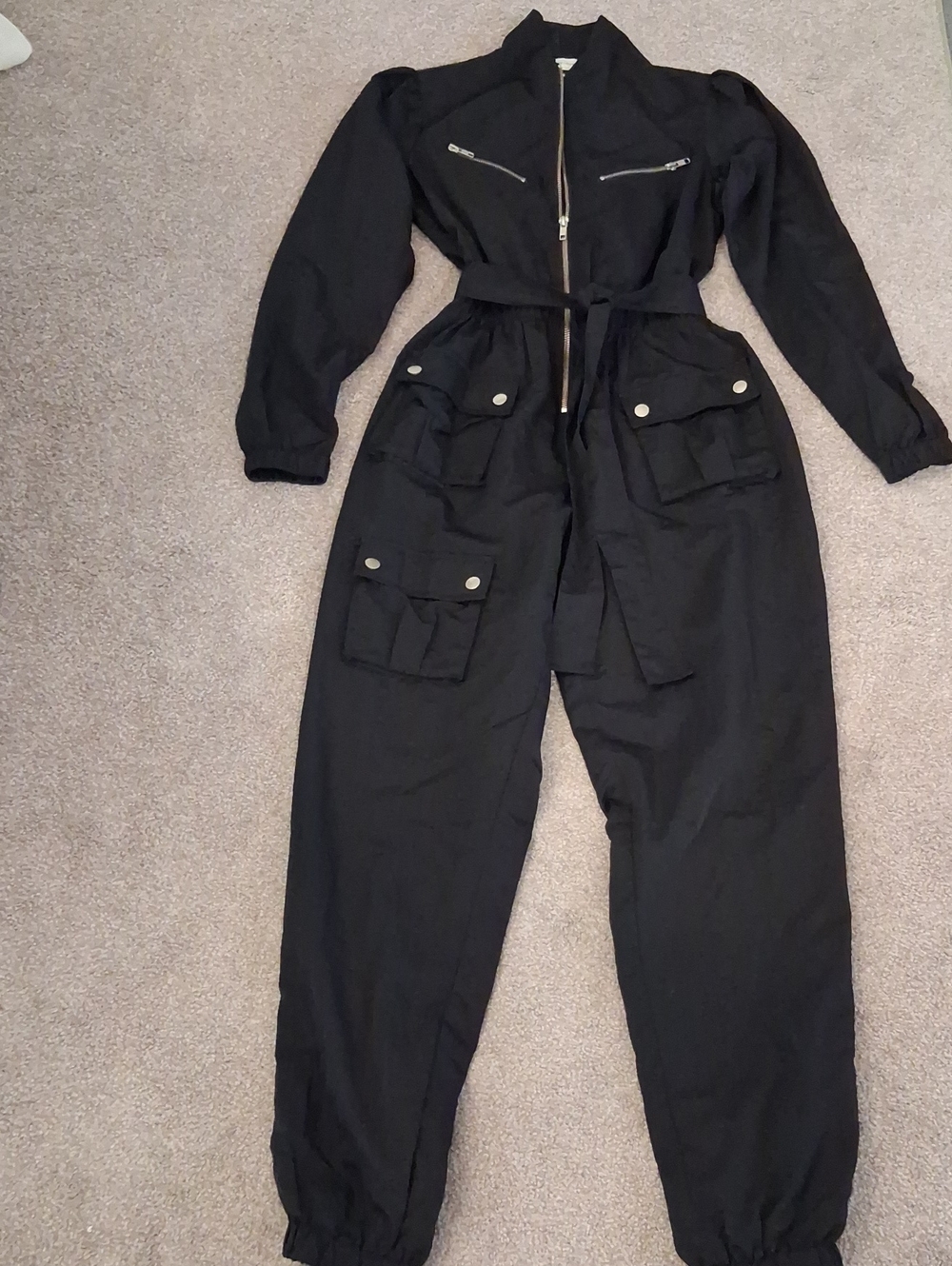 Lovers + Friends Revolve Black Belted Utility Jumpsuit Pockets-Puffed Sleeves XS